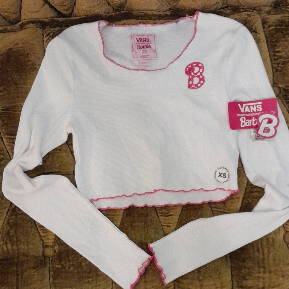 Vans White and Pink Long Sleeve Barbie Crop Top